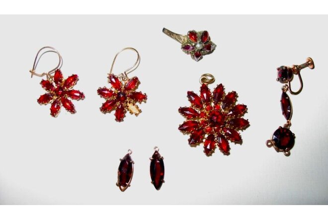 Antique Vintage Red Garnet Pendant Earrings Ring Czech - Need Repair
