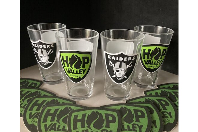 (4) NEW Raiders Hop Valley Brewing Beer Pint Glasses & 20 Bar Coasters Lot