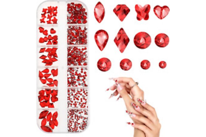 580 Pcs Red Nail Rhinestones Red Nail Gems Nail Crystals Charms Red Stones for N