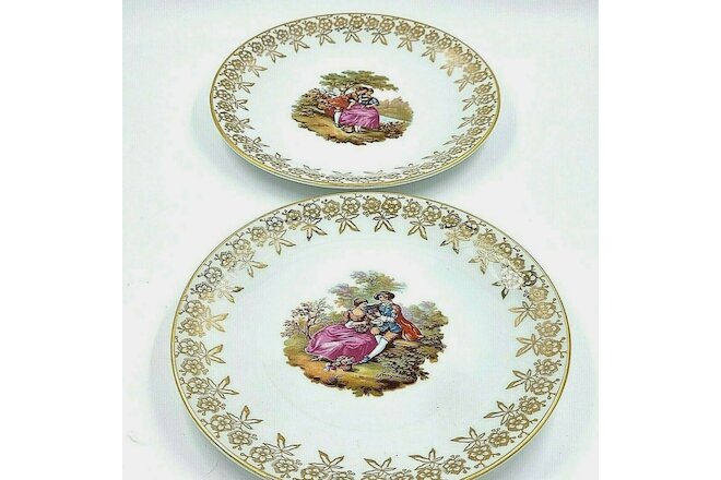Vintage Bavaria Porcelain 2 Saucers Gold Rim Courting Couple Design Preowned