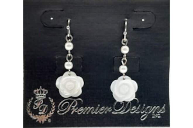 Premier Design 1.5" Dangle/Drop White Rose Acrylic Bead Silver Tone Earrings NEW