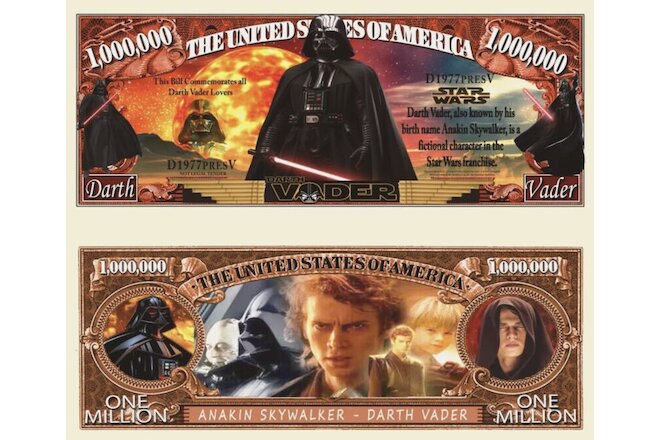 Star Wars Darth Vader Pack of 5 Funny Money 1 Million Dollar Bills Collectible