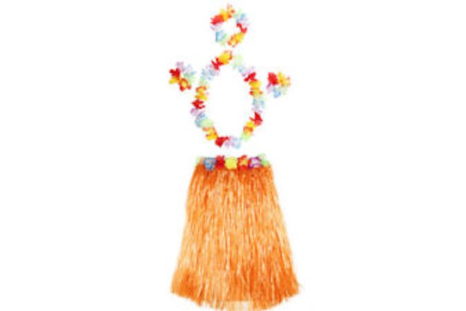 Kids Hawaiian Grass Skirt Hairband Wristband Garland Set Performance Decors 50