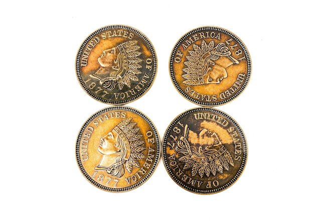 (4 PCS) Vintage 1975  Indian Head 1877 One Cent 3 inch Large Coin Metal