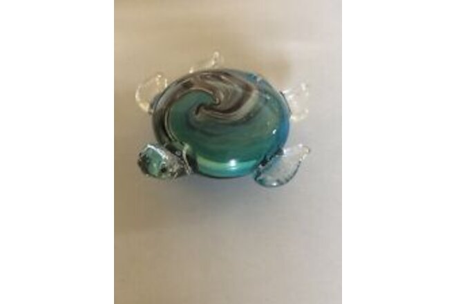 ART GLASS MURANO STYLE HAND BLOWN SWIRL SHELL TURTLE FIGURINE 9” LONG GREEN BLUE