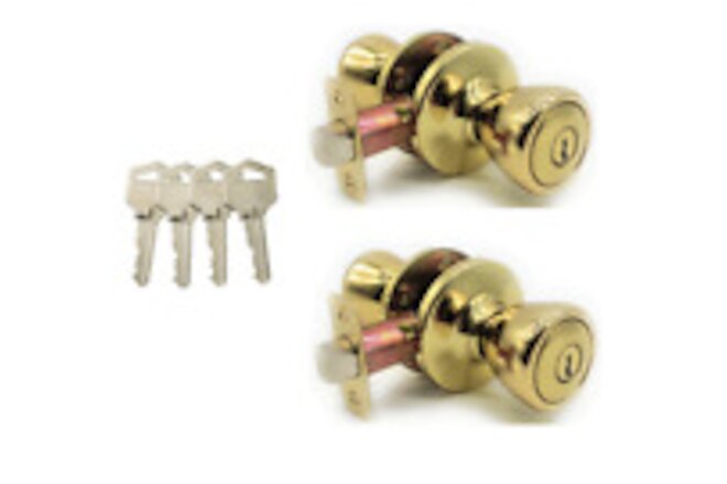 [2-PACK] Keyed Alike Entry Door Knob Lock Set, Polished Brass With 4 Keys
