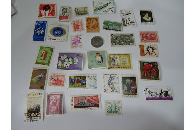 Used Poland Postage Stamps Plus A Foreign Coin #203
