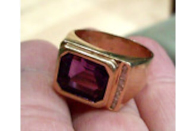 Unisex Amethyst Diamond Ring in 14K Yellow Gold Designer Signed Size 10