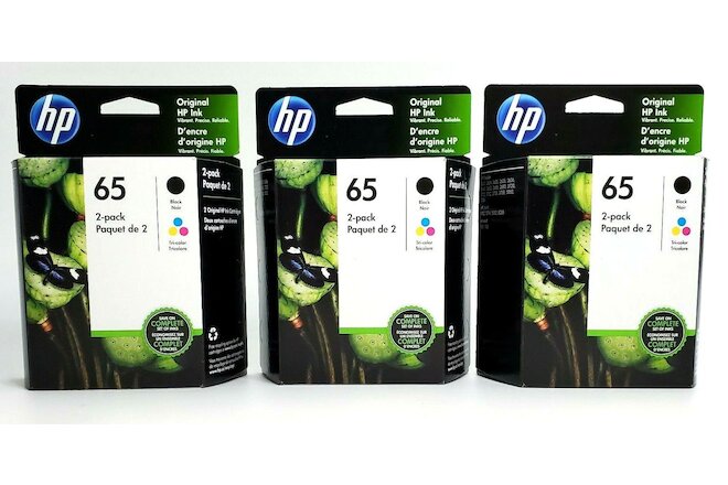 LOT OF 3: HP 65 (T0A36AN) Black & Tri-color Original Ink Cartridges Exp: 07/2023