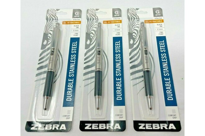 (3 Pack) Zebra Durable Stainless Steel Gel Pen, Fine 0.5mm, Black Ink (G 402)