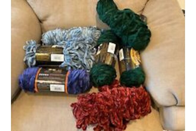 Lion Brand Yarn 7 skeins Chenille “Thick & Quick” Style monarch dusty blue green