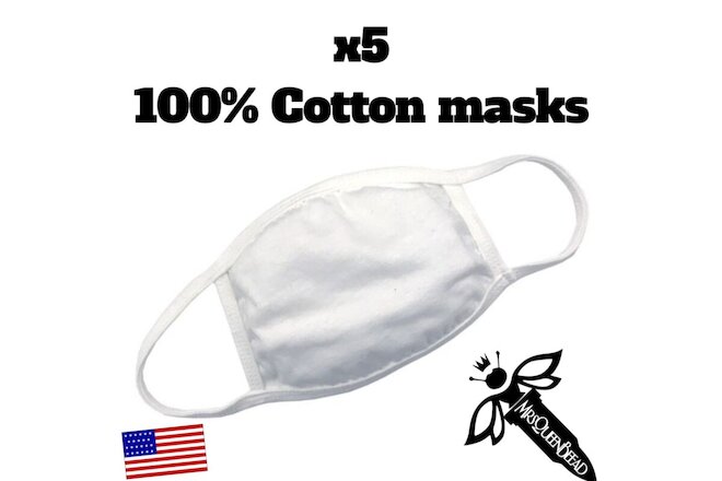 5 White 100% Cotton Face Mask Lot Washable Reusable Unisex Comfy🤍X5 masks DEAL