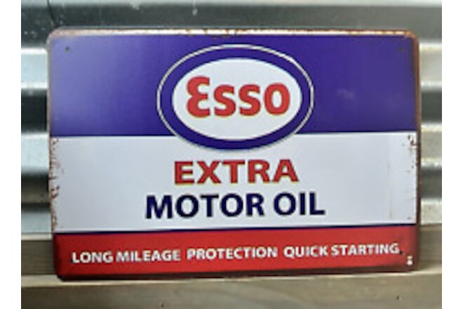 TYPE 2 DISTRESSED LOOK ESSO EXTRA MOTOR OIL LONG MILEAGE PROTECTION SIGN 8"X12"