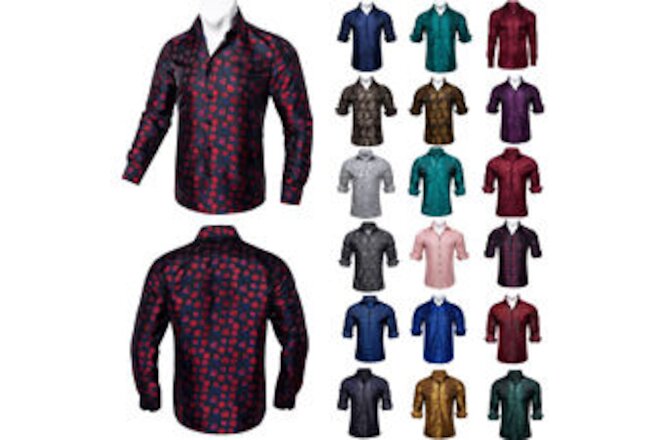Mens Long Sleeve Shirts Blue Paisley Silk Floral Casual Button Down Tops Jumper