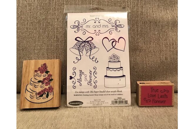wooden rubber stamps set of 3 wedding theme