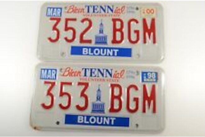 1994 Tennessee Blount County BicenTENNial License Plate Sequential Set