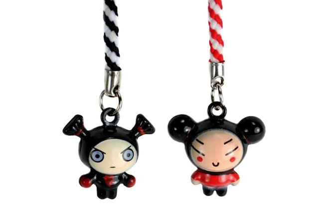 SET OF 2 PUCCA AND GARU BELL CHARMS Cute Cartoon Tiny Cell Phone Straps Craft
