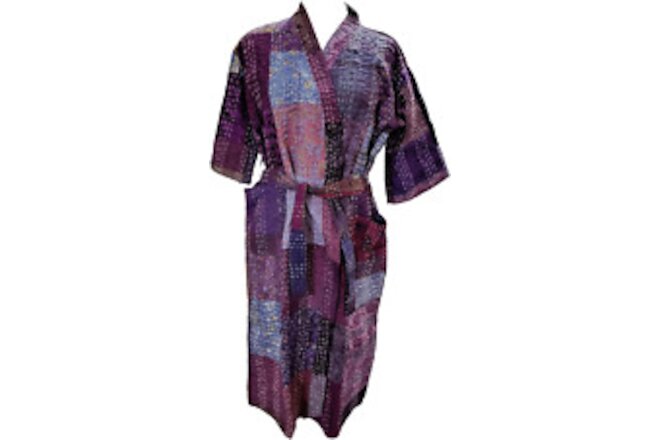 Rajbhoomi Women Kimono Robe Handmade Silk Patola Kantha Quilt Body 30, Purple
