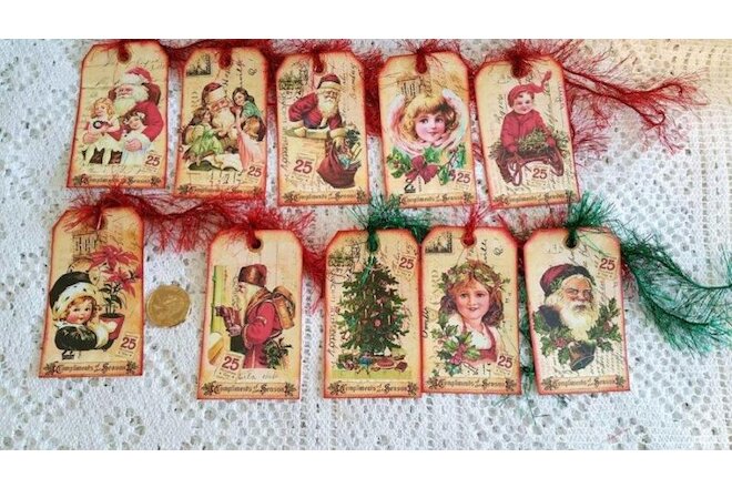 10~Christmas~Vintage~VTG~Kids~Santa~Fussy Cut~Linen Cardstock~Gift~Hang~Tags