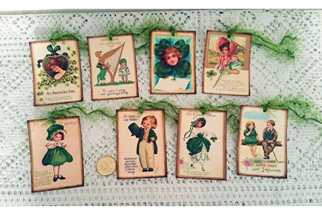 8~St Patrick's Day~Vintage~Ireland~Celtic~Linen Cardstock~Gift~Hang~Tags