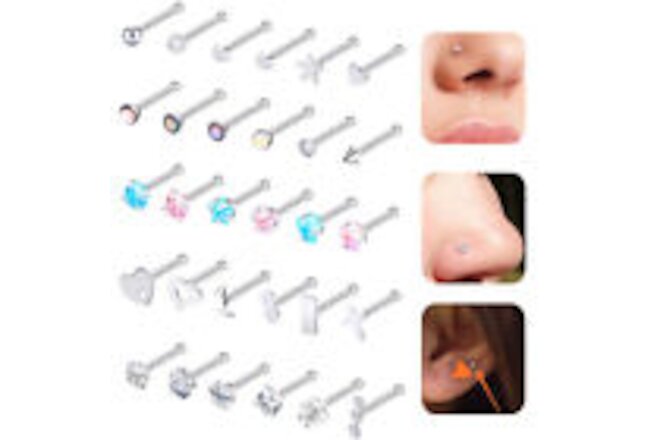 30PCS 20G Colorful CZ Opal Nose Studs Surgical Steel Bone Pin Piercing Jewelry