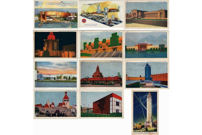 1933 Chicago Worlds Fair Century of Progress Lot of 12 Vintage Postcards