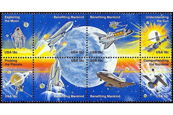 1981 SPACE ACHIEVEMENT MNH Block 8x18¢ Stamps 1912-19 Shuttle Apollo Exploration