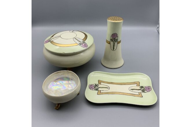Antique Hand Painted Porcelain Dresser Set Roses Gold Powder Box, Hat Pin, Tray