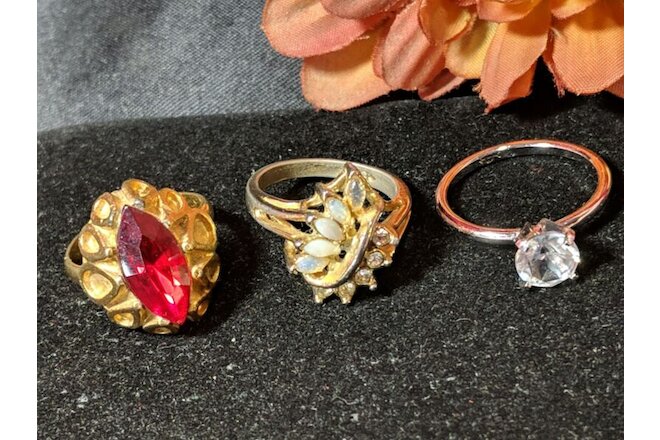 Vintage 3 Costume Rings Uncas Manufacturing Co. Red Glass Rhinestones Opal CZ