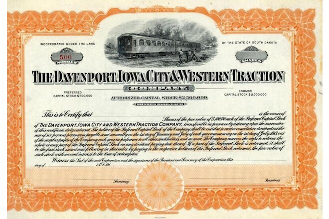 NOS 2 1910s DAVENPORT IOWA CITY WESTERN TRACTION RR PAPER STOCK CERTIFICATE