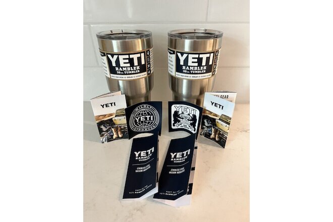 (2) Yeti Rambler Stainless Steel Mug Cup Insulated 30oz Tumbler w/ Standard Lids