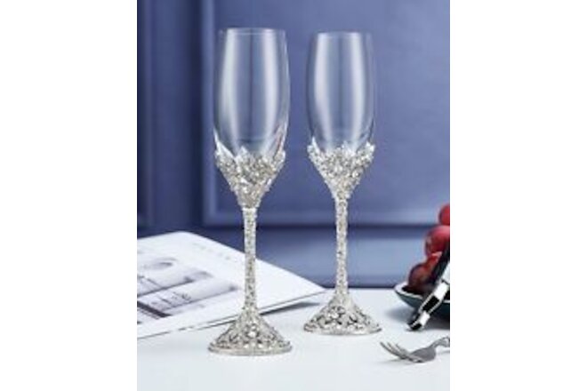 Champagne Flutes Crystal Glass Metal Base With Crystal Stones Set Of 2 Toasting