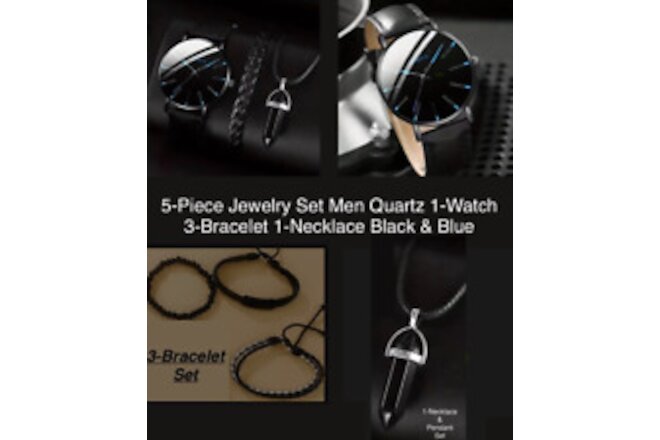5-Piece Jewelry Set Men Quartz 1-Watch 3-Bracelet 1-Necklace LuxuriousBlack&Blue