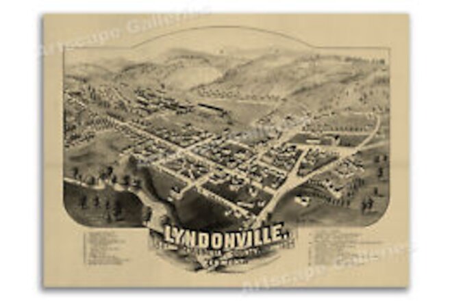 Bird's Eye View 1884 Lyndonville Vermont Vintage Style City Map - 18x24