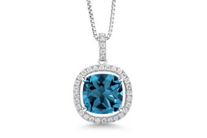 925 Sterling Silver London Blue Topaz and White Moissanite Pendant Necklace For