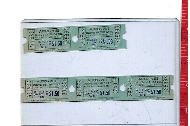Vintage lot Auto-Vue Drive theatre tickets Admit one $1.50 Spokane Washington