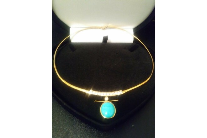 14K YELLOW GOLD  & SS TURQUOISE & Lab created DIAMOND  NECKLACE +  BONUS HOOPS