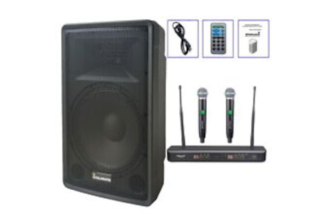 15" Powered Active PA Speaker 2-Way TWS BT Speaker + 2CH UHF Handheld Microphone