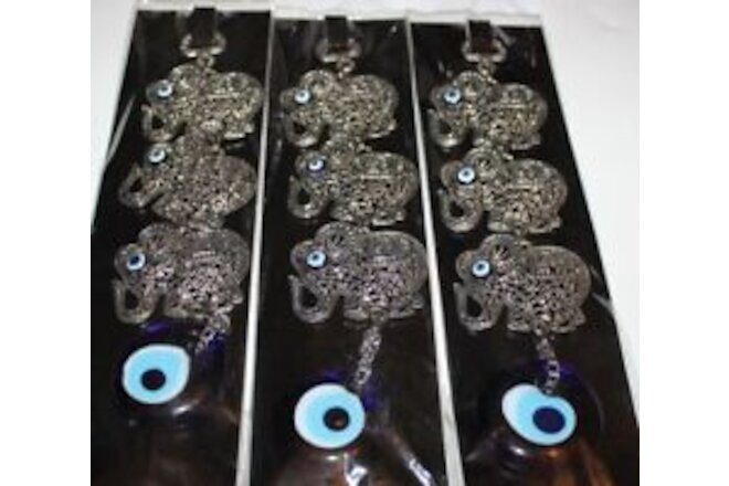 Set of 3 Turkish 8" Long 1 1/2" Glass Evil Eye & Elephant Metal Hanging Charm
