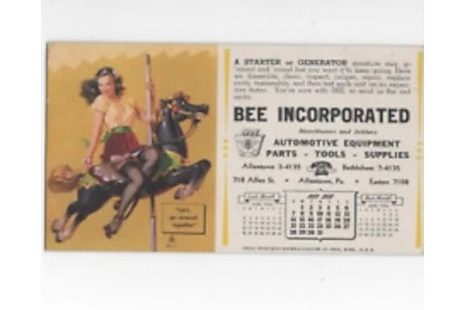 ink blotter 1950 Bee Incorporated  Calendar Girl on a Carousel