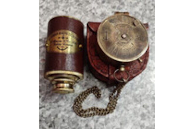 Nautical Vintage Brass Compass 100 Year Calendar & telescope Antique Handmade
