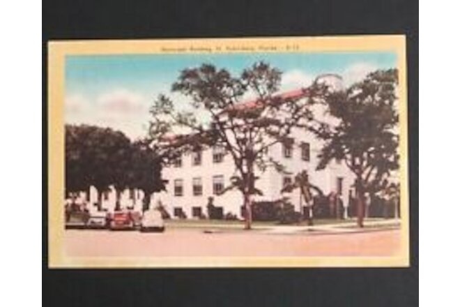 St Petersburg Municipal Building FL Florida Linen Postcard Palms Cars NOS D-13
