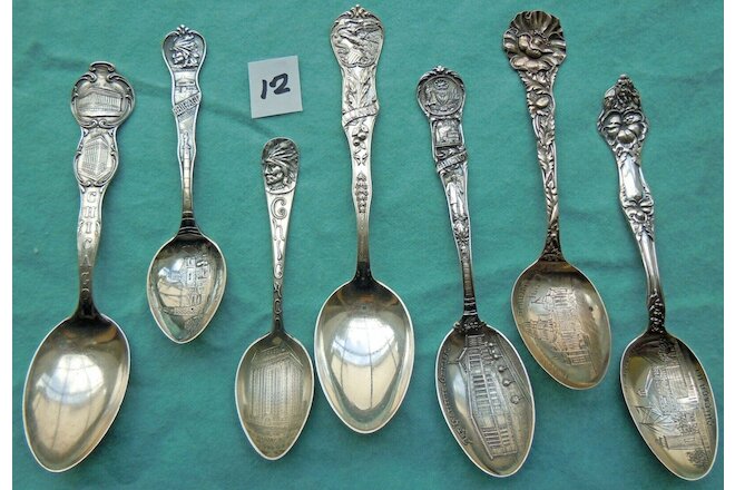LOT OF 7 ANTIQUE STERLING SILVER SOUVENIR SPOONS CHICAGO SPRNGFLD ILLINOIS   #12