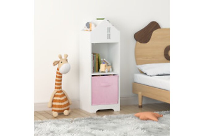 Kids Dollhouse Bookcase with Storage - 2-Tier Organizer, Toddler Bookshelf