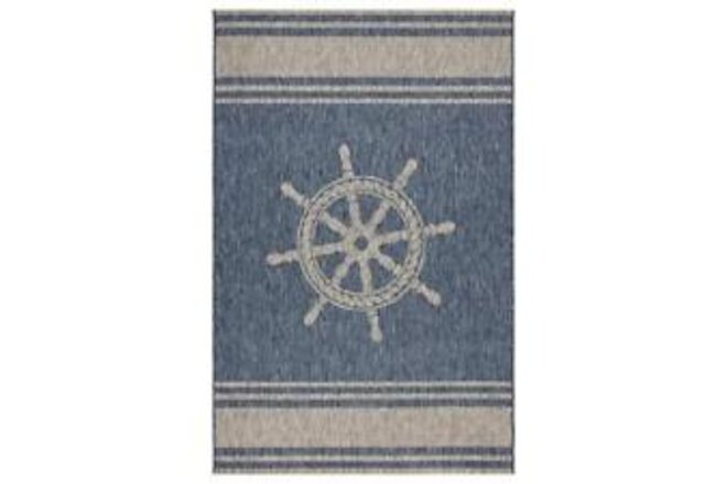 LR Home Nautical Helm Area Rug 9'5" Stain Resistant in Navy Blue/Gray Finish