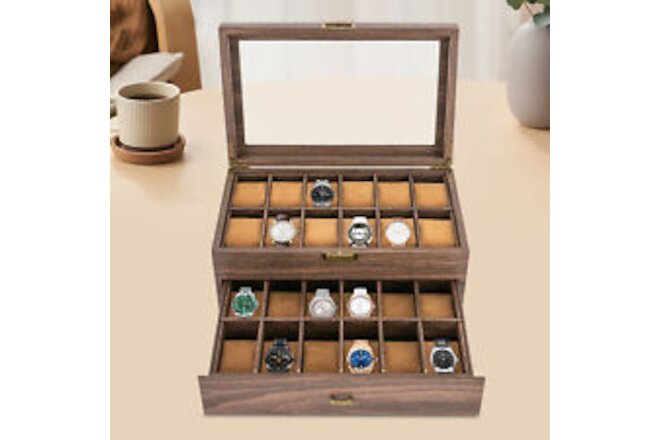 24 Slot Leather Watch Box Case Organizer Glass Display Jewelry Storage