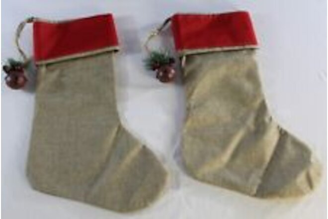 Pair 2 New Natural Jute Stockings Red Cuff Christmas Bell 17.5 in and 18 in