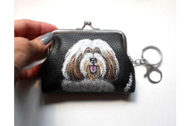Tibetan Terrier Dog Hand Painted Coin Purse with Key Chain Vegan