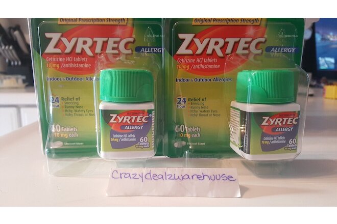 ~2 Pack~Zyrtec ~ 24 Hour Allergy Relief  60 Tablets x 2 Packs~120 Tablets Total