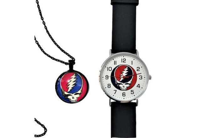 Grateful Dead Watch & Black Chain Necklace Set Steal Your Face NWT